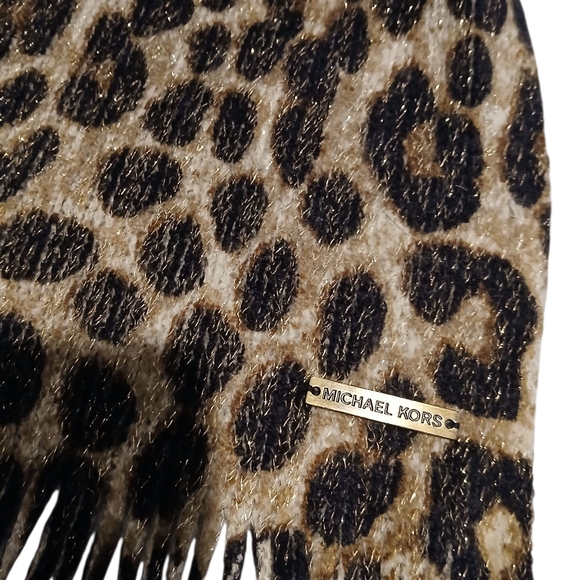 Michael Kors Leopard Metallic Oversized Wrap Scarf Womans Classic Glam Fringe - Picture 9 of 10